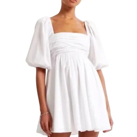 Abercrombie & Fitch Emerson Ruched Puff Sleeve Mini Dress White XSP - Picture 1 of 10